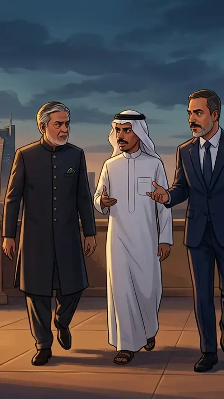 Animated editorial illustration for: Pakistani Delegation Arrives in Riyadh for Trilateral Defence Talks