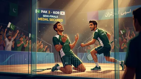 Animated editorial illustration for: Pakistan Beats Hong Kong to Reach Asian Games Squash Final, Secures Silver