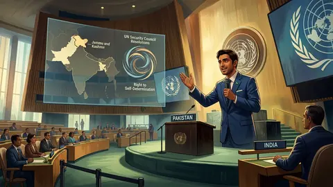 Animated editorial illustration for: Pakistan Links Kashmir Self-Determination to Palestine at UN