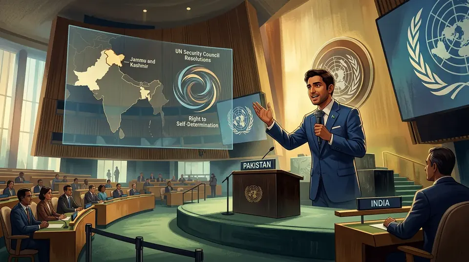Animated editorial illustration for: Pakistan tells UN Jammu and Kashmir is not India’s internal matter