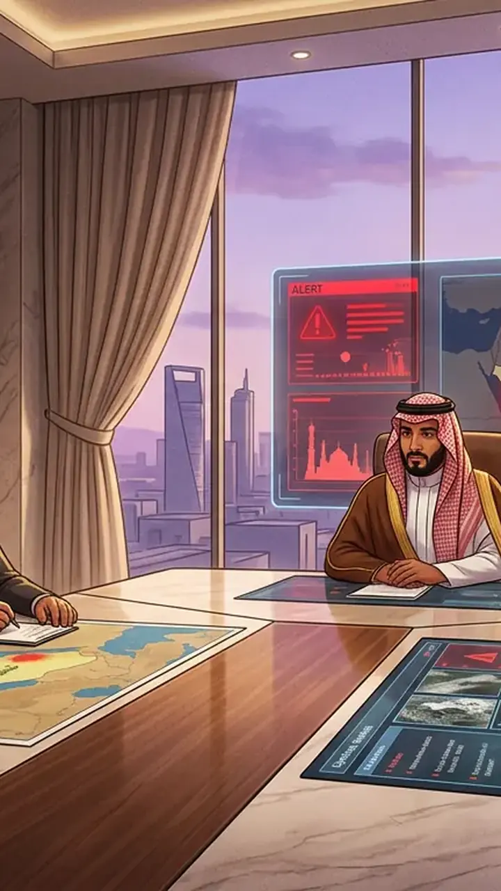 Animated editorial illustration for: Pakistan, Turkiye, Saudi Arabia to hold emergency defence meeting in Riyadh