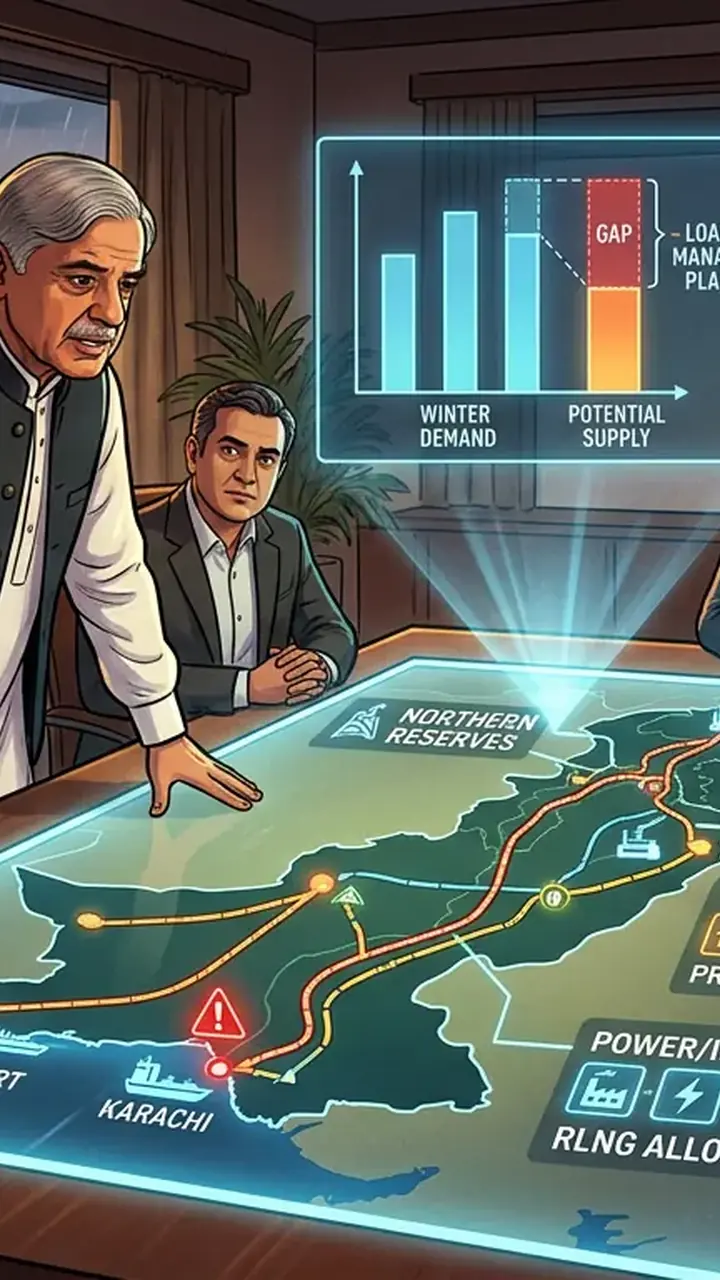 Animated editorial illustration for: Pakistan Finalising Winter Gas Plan Amid LNG Import Uncertainty