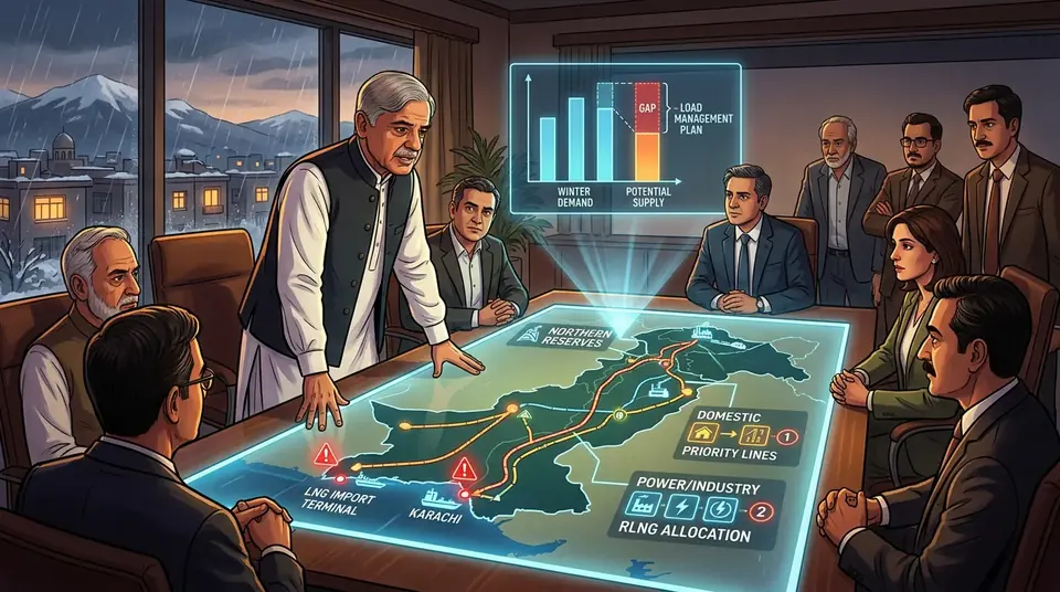 Animated editorial illustration for: Pakistan Finalising Winter Gas Plan Amid LNG Import Uncertainty