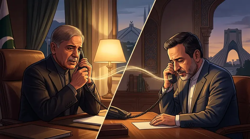 Animated editorial illustration for: PM Shehbaz Sharif Offers Condolences to Iranian FM Over Sister’s Death