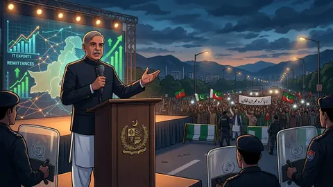 Animated editorial illustration for: PM Shehbaz Urges PTI to End March, Warns of Economic Damage