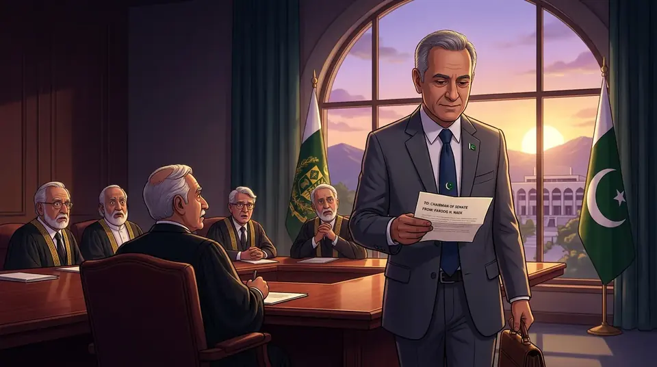 Animated editorial illustration for: PPP’s Farooq Naek Resigns from Judicial Commission of Pakistan