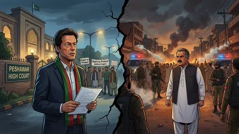 Animated editorial illustration for: PTI Approaches Peshawar High Court Amid Tensions Over Protests