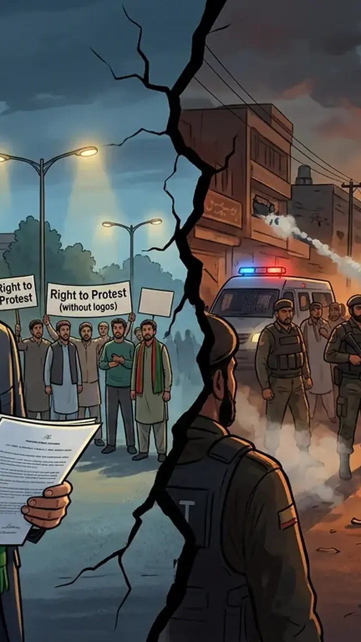 Animated editorial illustration for: PTI Approaches Peshawar High Court Amid Tensions Over Protests
