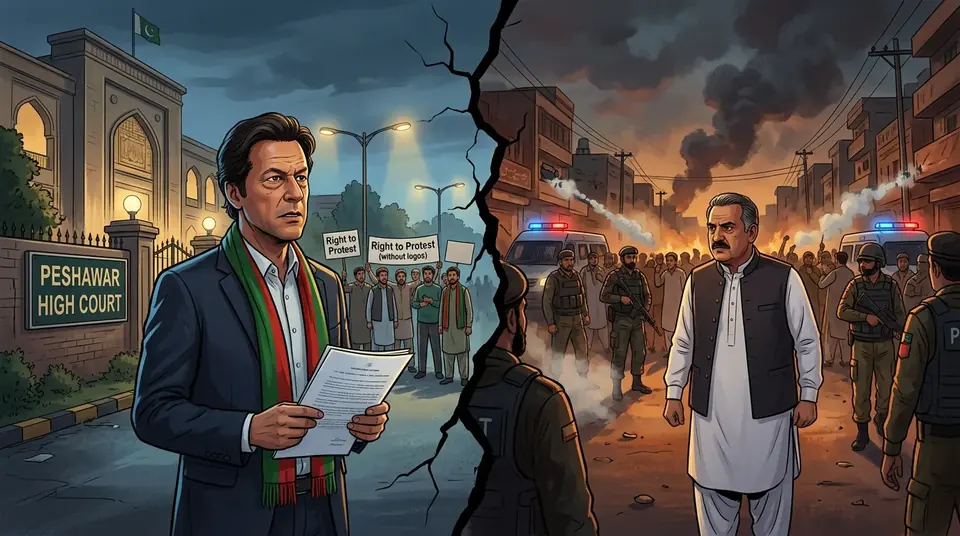 Animated editorial illustration for: PTI Approaches Peshawar High Court Amid Tensions Over Protests