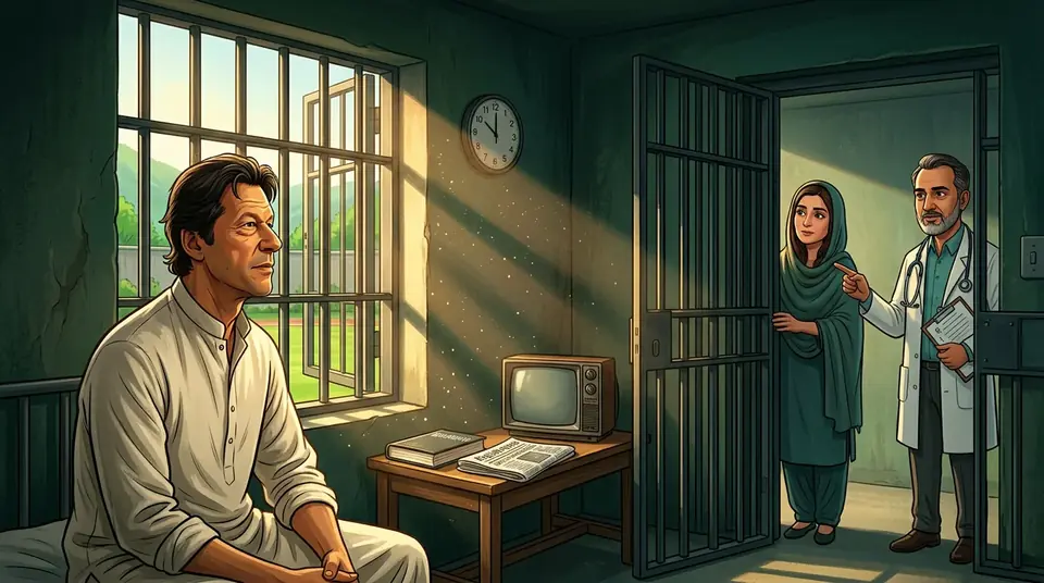 Animated editorial illustration for: Full Medical Board Named in PTI Founder’s Health Report from Adiala Jail