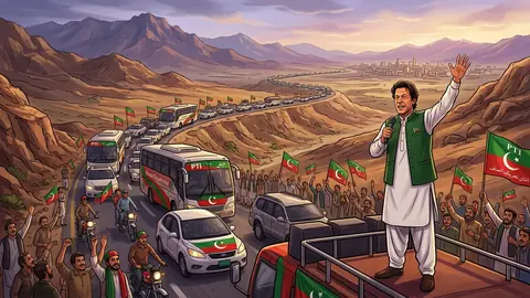 Animated editorial illustration for: PTI Long March Reaches Peshawar, Next Steps to be Announced in Swabi
