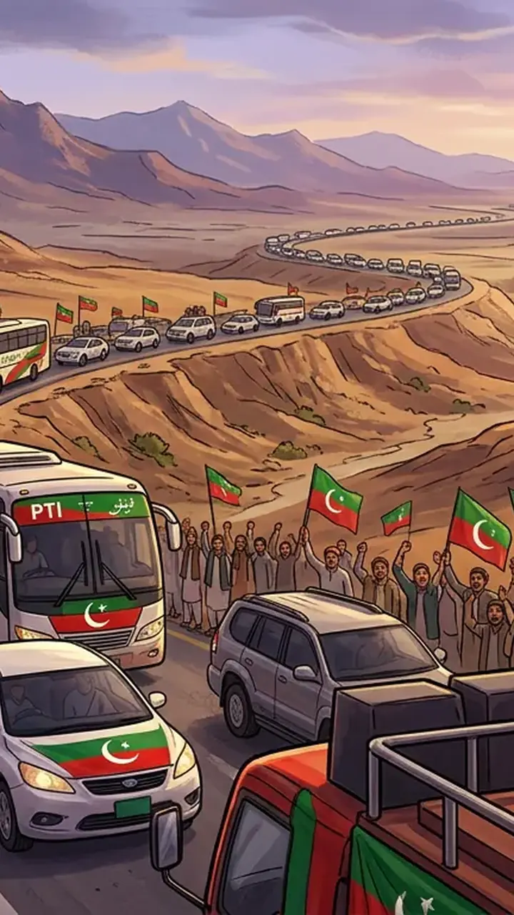 Animated editorial illustration for: PTI Long March Reaches Peshawar, Next Steps to be Announced in Swabi