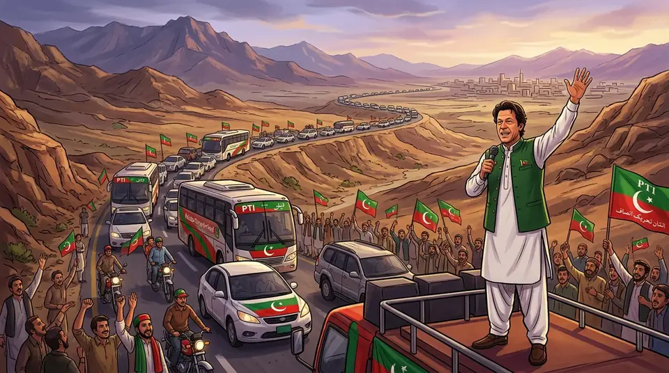 اس خبر کے لیے متحرک اداریاتی خاکہ: سہیل آفریدی کی قیادت میں پی ٹی آئی کا لانگ مارچ کرک پہنچ گیا، اگلی منزل کوہاٹ
