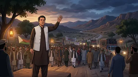 Animated editorial illustration for: PTI Long March Faces Internal Rifts Over Funding and Participation