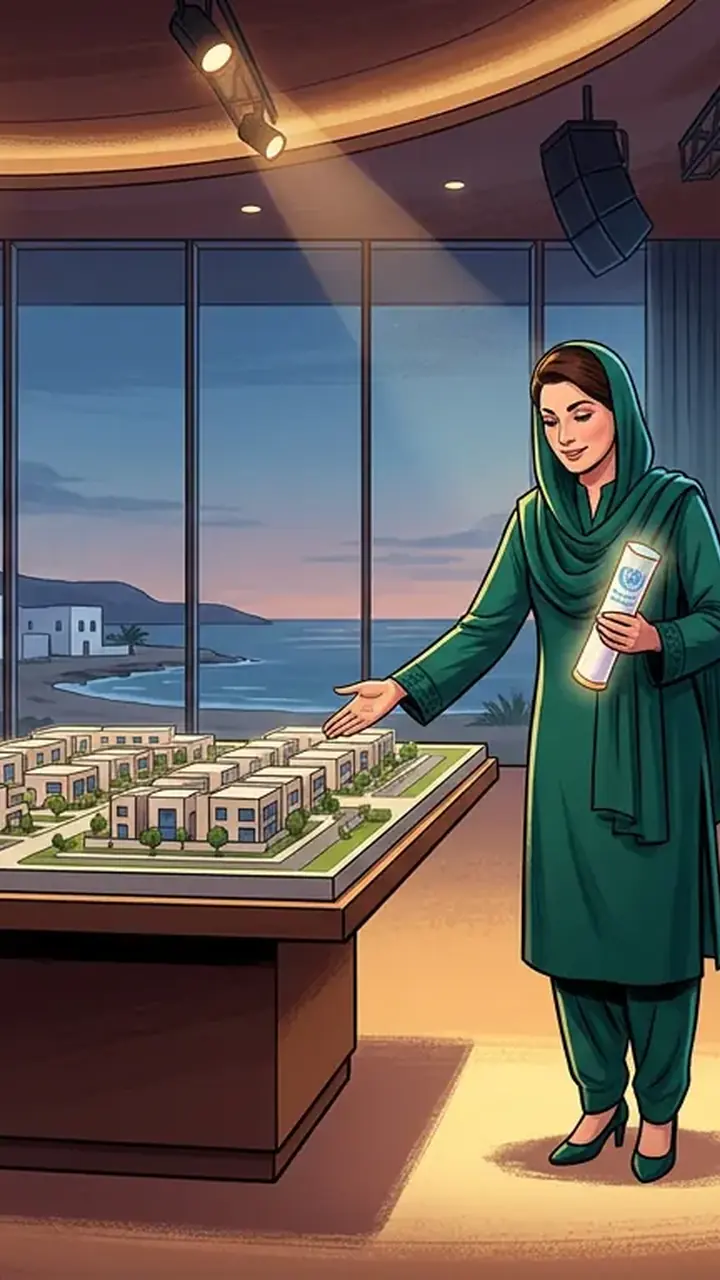 Animated editorial illustration for: Punjab CM Maryam Nawaz invited to Oman for UN-Habitat Award