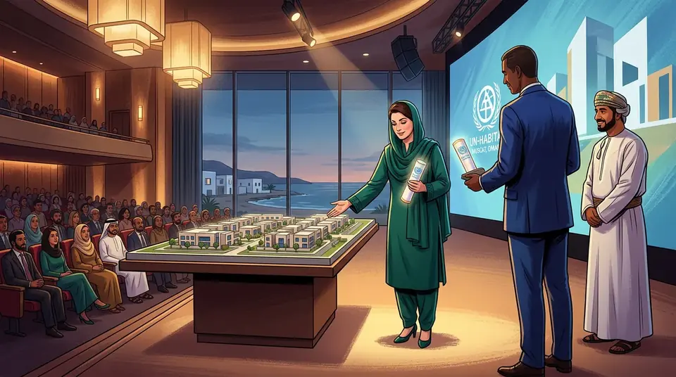 Animated editorial illustration for: Punjab CM Maryam Nawaz invited to Oman for UN-Habitat Award