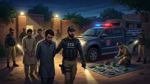 Animated editorial illustration for: Punjab CTD arrests 13 terror suspects, including alleged RAW agent
