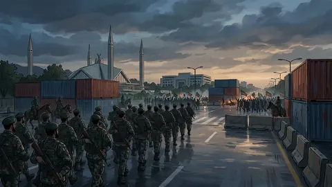 Animated editorial illustration for: 3,000 Rangers Deployed in Islamabad as Mandate Extended to Oct 15