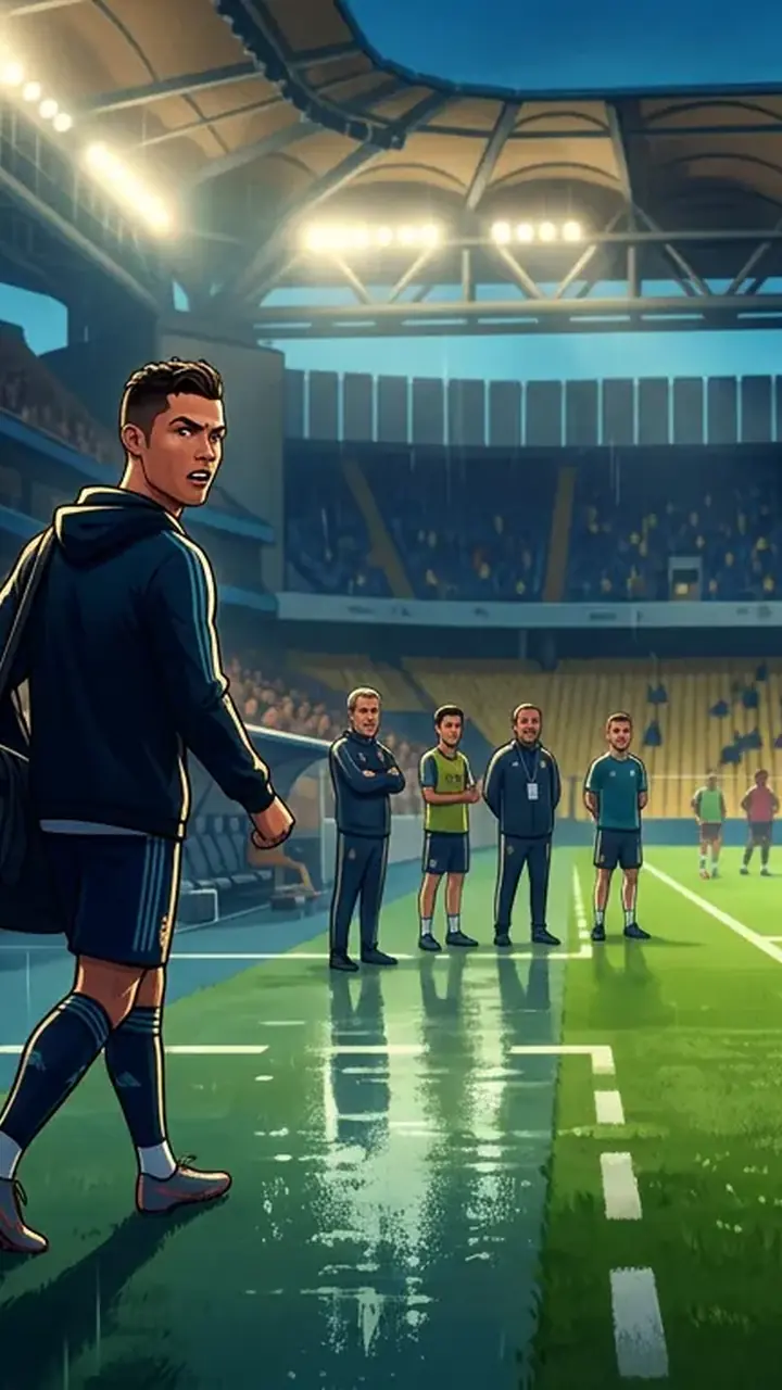 Animated editorial illustration for: Ronaldo accuses coach of broken promises, leaves Portugal return open