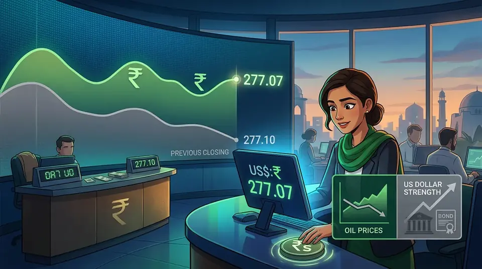 Animated editorial illustration for: Rupee makes marginal gain against US dollar in interbank market