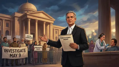 Animated editorial illustration for: Salman Akram Raja demands judicial commission for May 9 events