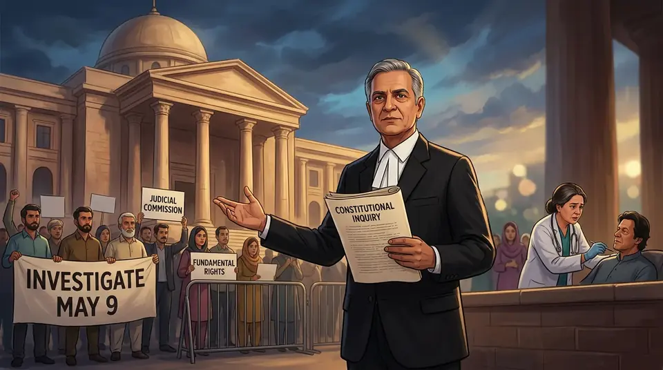 Animated editorial illustration for: Salman Akram Raja demands judicial commission for May 9 events