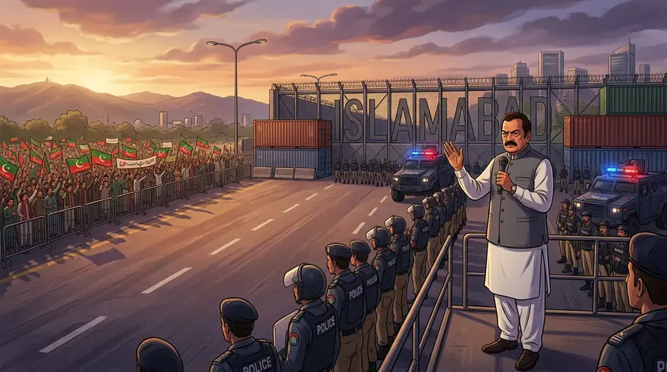 Animated editorial illustration for: Sanaullah Says PTI Long March Will Not Be Allowed to Enter Islamabad