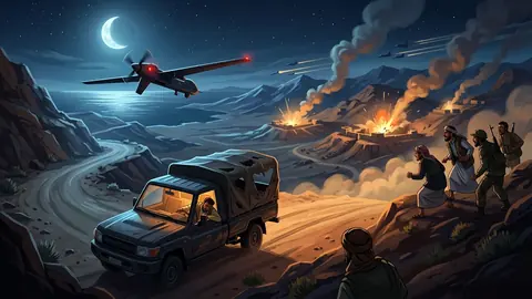 Animated editorial illustration for: Yemeni Forces Claim Liberation of Mocha; Saudi Arabia Foils Houthi Missiles