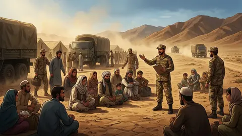 Animated editorial illustration for: Security Forces Arrest 455 Undocumented Afghans in Southern Balochistan