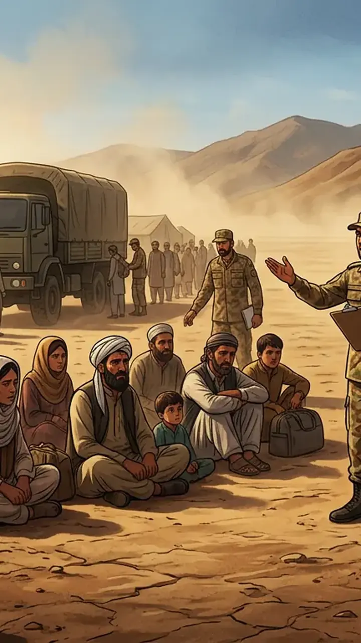 Animated editorial illustration for: Security Forces Arrest 455 Undocumented Afghans in Southern Balochistan
