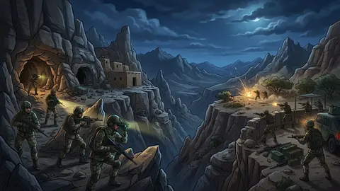 Animated editorial illustration for: Security Forces Kill 11 Terrorists in KP and Balochistan Operations