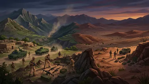 Animated editorial illustration for: Mohsin Naqvi Praises Forces as 18 Terrorists Killed in KP, Balochistan