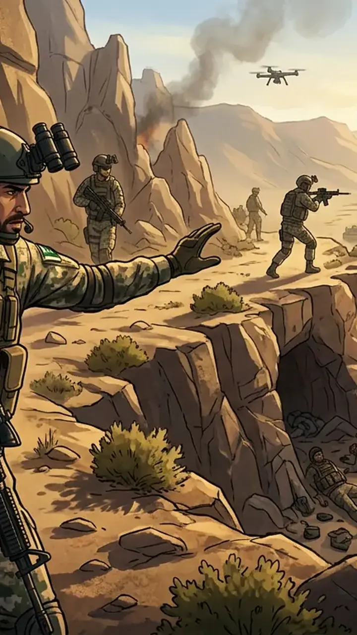 Animated editorial illustration for: Leaders Praise Forces After Five Terrorists Killed in North Waziristan