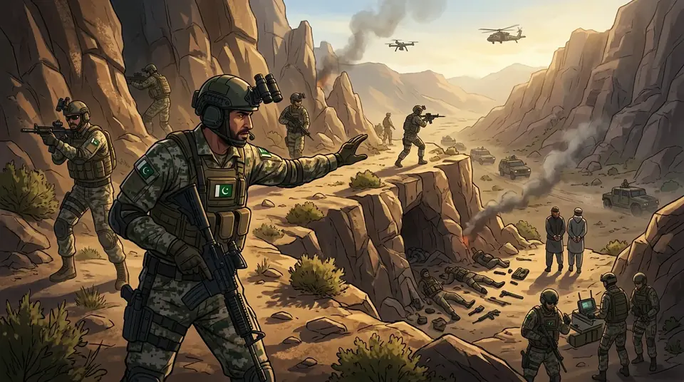 Animated editorial illustration for: Leaders Praise Forces After Five Terrorists Killed in North Waziristan