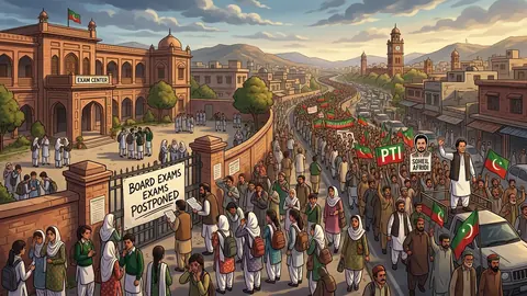 Animated editorial illustration for: Six KP Boards Postpone Matric Exams Amid PTI Long March