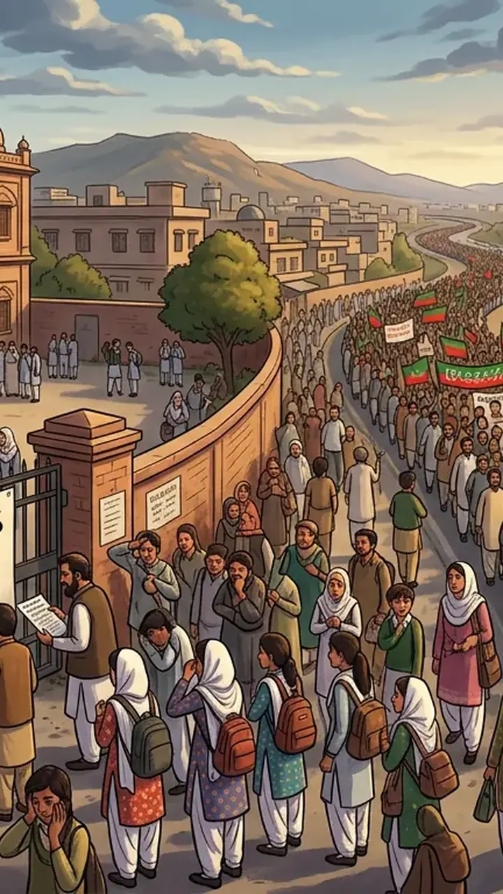 Animated editorial illustration for: Six KP Boards Postpone Matric Exams Amid PTI Long March