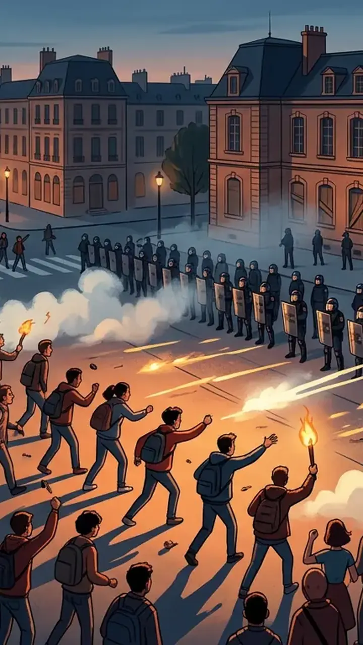 Animated editorial illustration for: Student Protests in France Escalate, 500 Schools Closed Amid Unrest