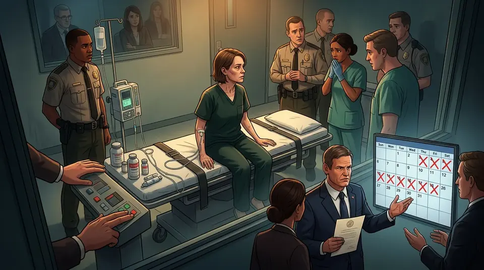 Animated editorial illustration for: Tennessee Halts Executions After Inmate Survives Lethal Injection