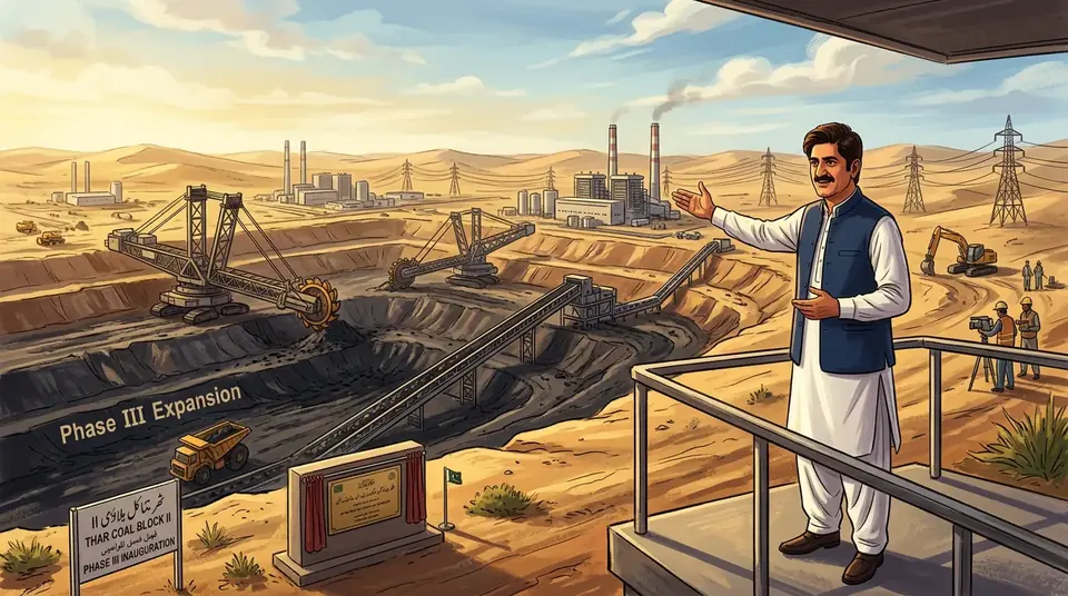 Animated editorial illustration for: Bilawal Cites Thar Development to Counter ‘System Has Failed’ Narrative