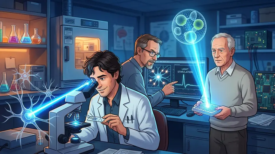 Animated editorial illustration for: Three Scientists Win 2026 Nobel Prize in Medicine for Optogenetics