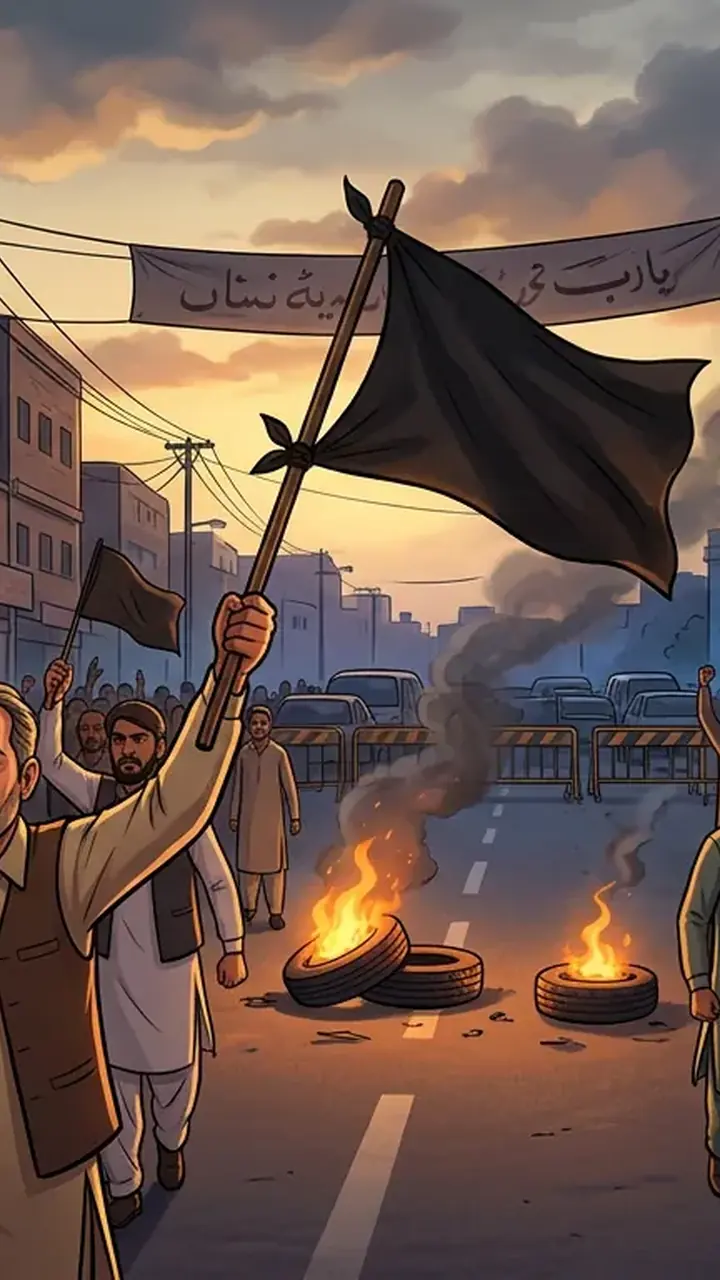 Animated editorial illustration for: Peshawar protest against PTI long march slams provincial government