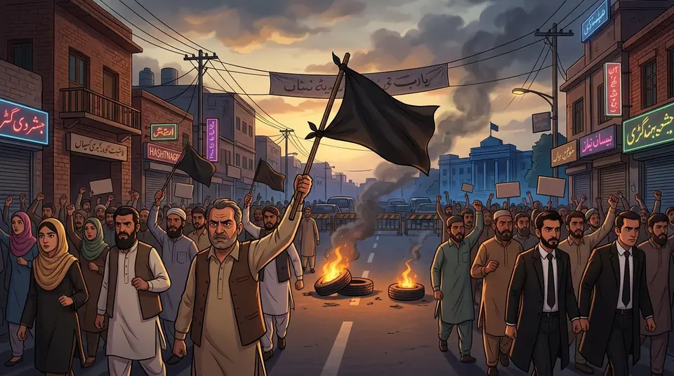 Animated editorial illustration for: Traders and Civil Society Protest in Peshawar Against KP Government