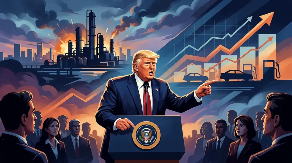 Animated editorial illustration for: Trump blames rising US petrol prices on Ukrainian attacks on Russian refineries