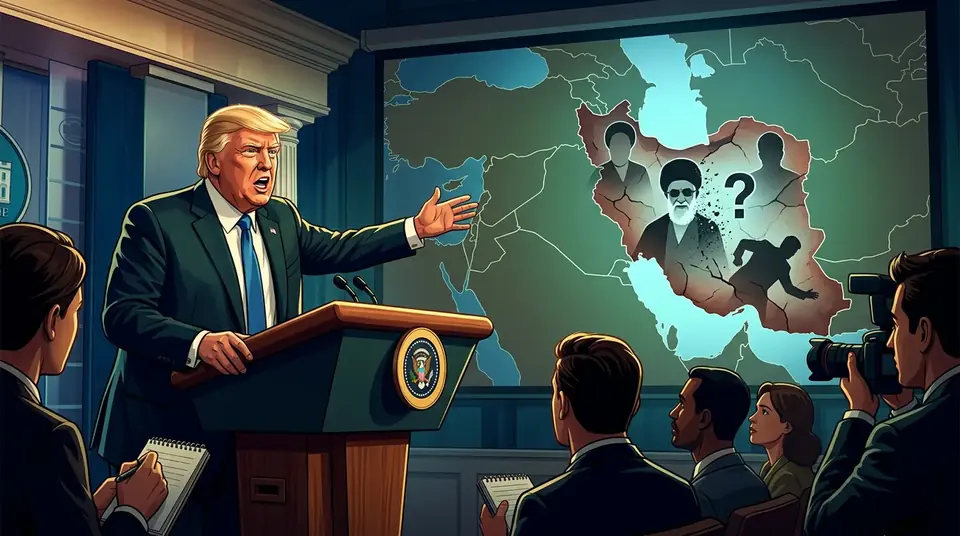 Animated editorial illustration for: Trump claims Iran’s leaders are ‘gone’, says no one knows who is in charge