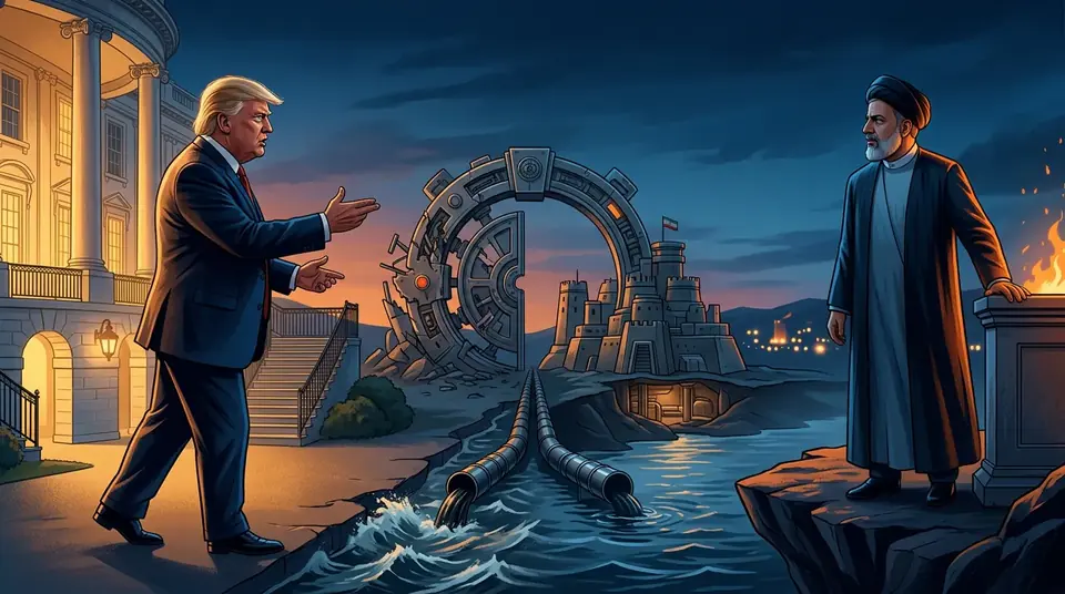Animated editorial illustration for: Top US Officials Held Secret Camp David Meeting on Iran, Reports Say