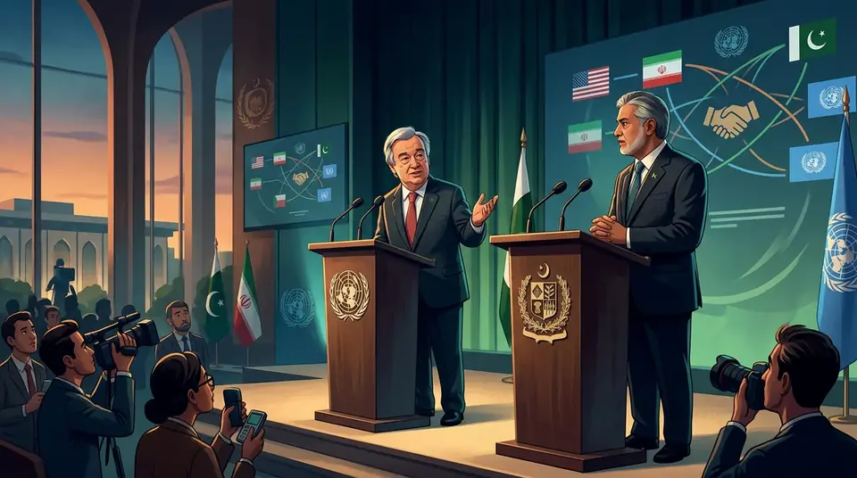 Animated editorial illustration for: UN chief praises Pakistan’s mediation role between US and Iran