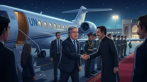 Animated editorial illustration for: UN Chief António Guterres Awarded Nishan-e-Imtiaz in Islamabad