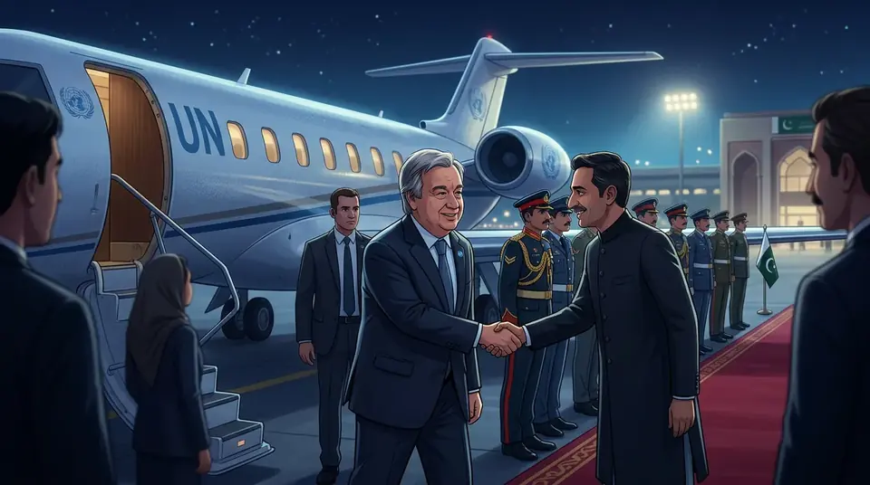 Animated editorial illustration for: UN Chief António Guterres Awarded Nishan-e-Imtiaz in Islamabad