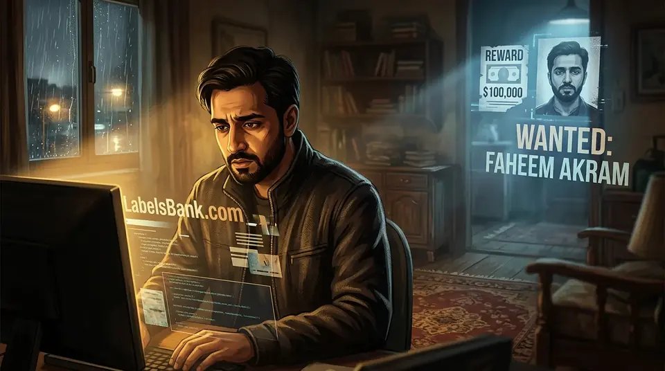 Animated editorial illustration for: US Offers $100,000 Reward for Pakistani Engineer in Postage Fraud Case