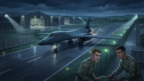Animated editorial illustration for: US Officials Link Bomber Withdrawal to Suspected Iranian Drone Plot